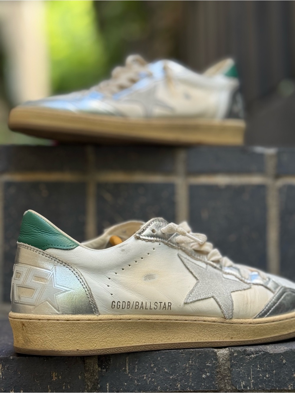 Golden Goose Men’s Ball Star Sneakers - White/Off-Wht/Silver/Green - Sz US9/IT42